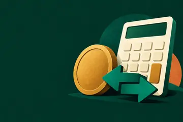 A calculator, gold coin and clear comparison arrows.