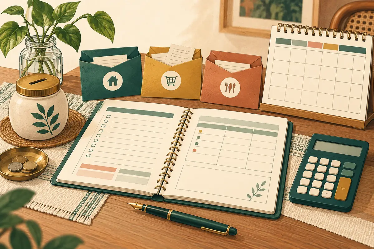 An open planning notebook, bill calendar, calculator and household savings envelopes.