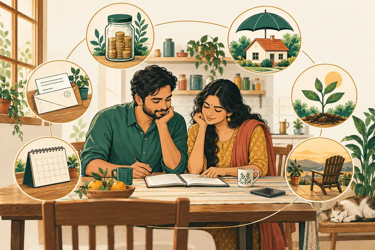 A couple reviewing household money, connected to savings, bills, protection and future goals.